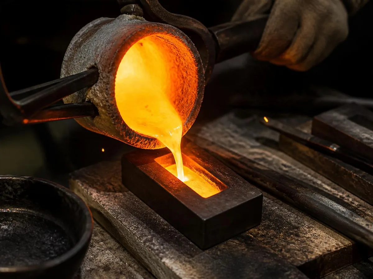 Illustration: molten gold poured from a crucible into an ingot mould