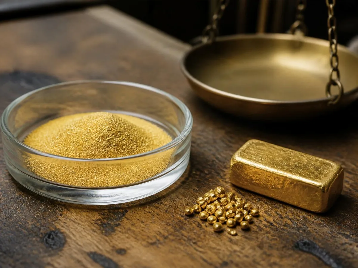 Illustration: gold powder in a glass dish beside a small gold bar and gold grains on a workbench